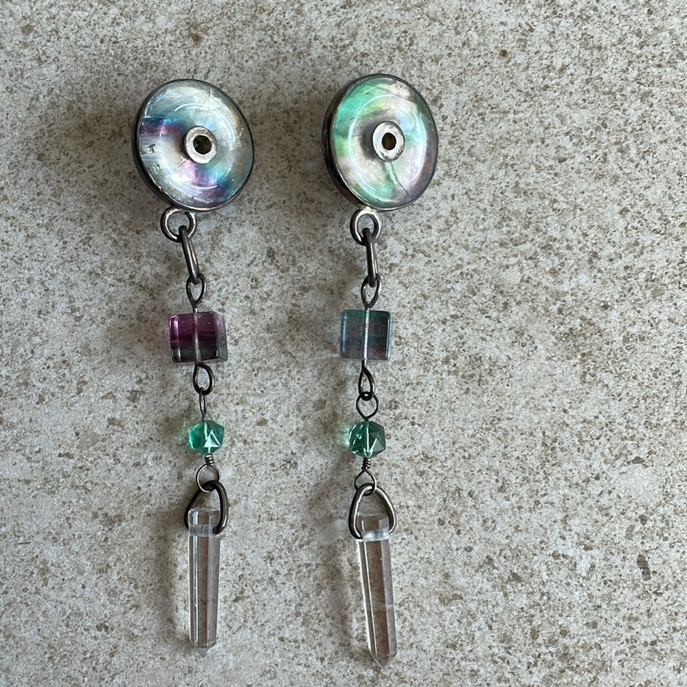 Silver with abalone & crystal earrings. 4” long, clip-ons. I.Magnin from 80’s